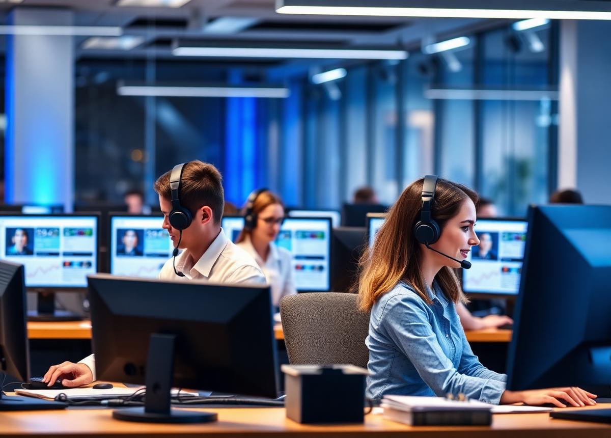 Equipe comercial em operação de chamadas ativas com headsets